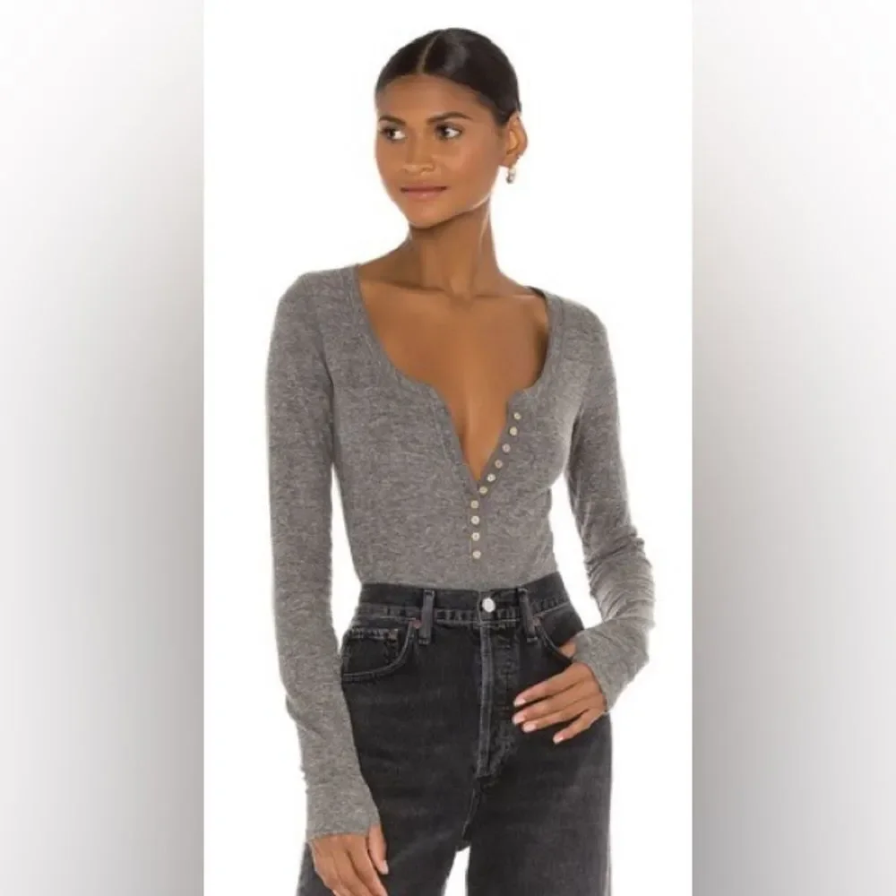 Free People Women's Medium Dylan Waffle Thermal Bodysuit Button Gray